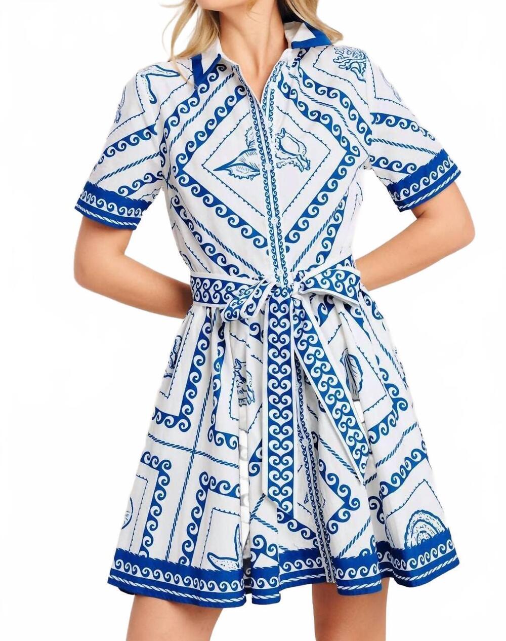 NEW FLYING TOMATO printed woven mini dress in white/blue